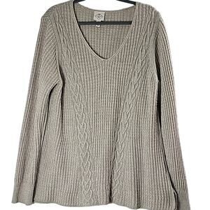 Womens Sz XL Tan Silver Metallic Thread Cable Knit V-neck Tunic Sweater